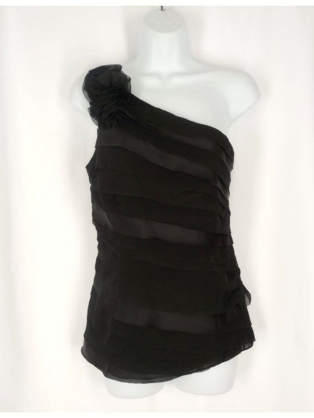 White House Black Market Black One Shoulder Top 6 S Silky Chiffon Layered Dressy